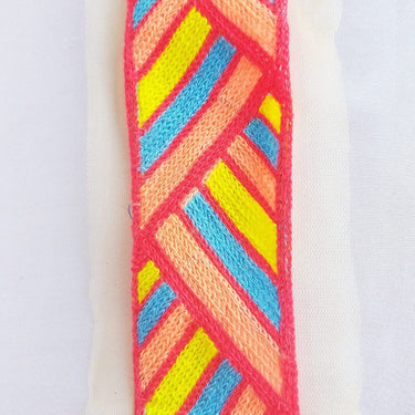 Beige Net With Coral Pink, Blue, Yellow And Red Embroidery